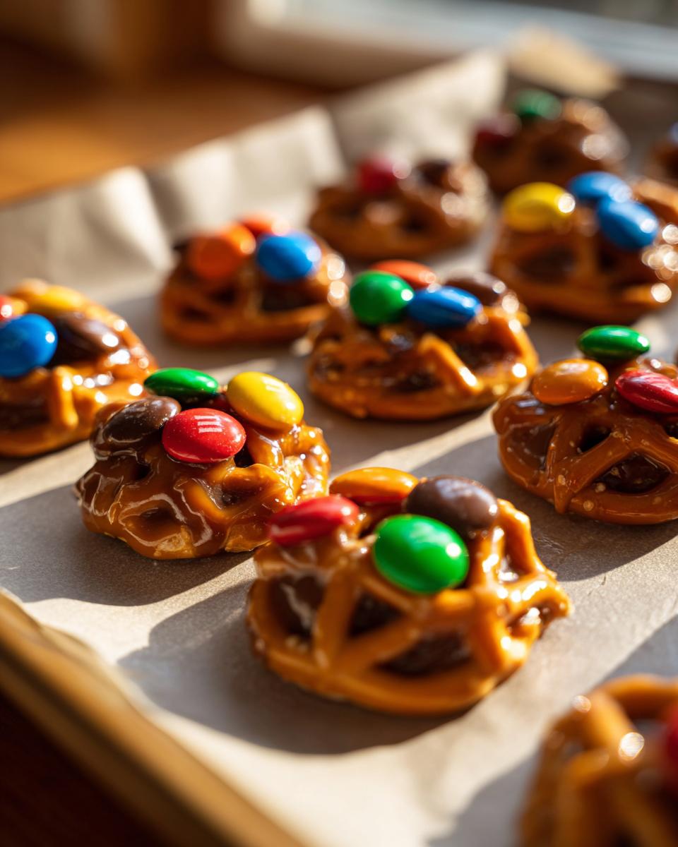Close-up of several Christmas Pretzel Treats topped with M&Ms and drizzled with caramel.
