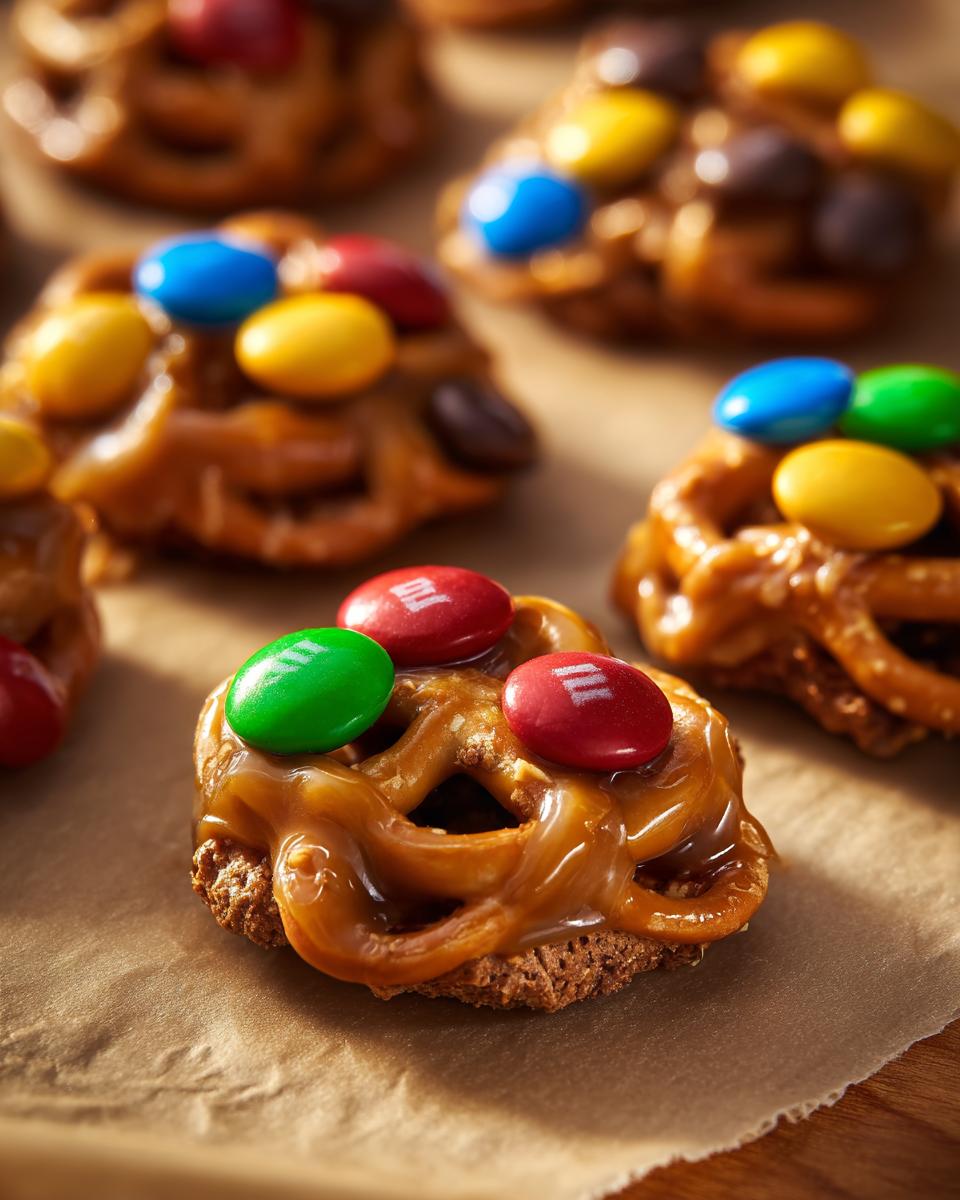 Close-up of Christmas Pretzel Treats topped with caramel and colorful M&Ms on parchment paper.
