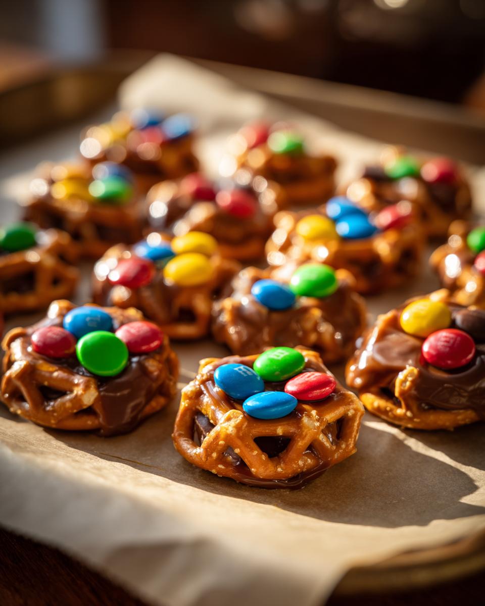 Close-up of several Christmas Pretzel Treats topped with chocolate and colorful M&Ms on parchment paper.