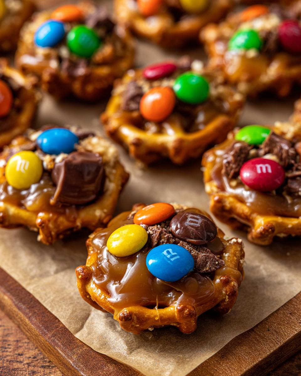 Close-up of several Christmas Pretzel Treats topped with caramel, M&Ms, and chocolate pieces.