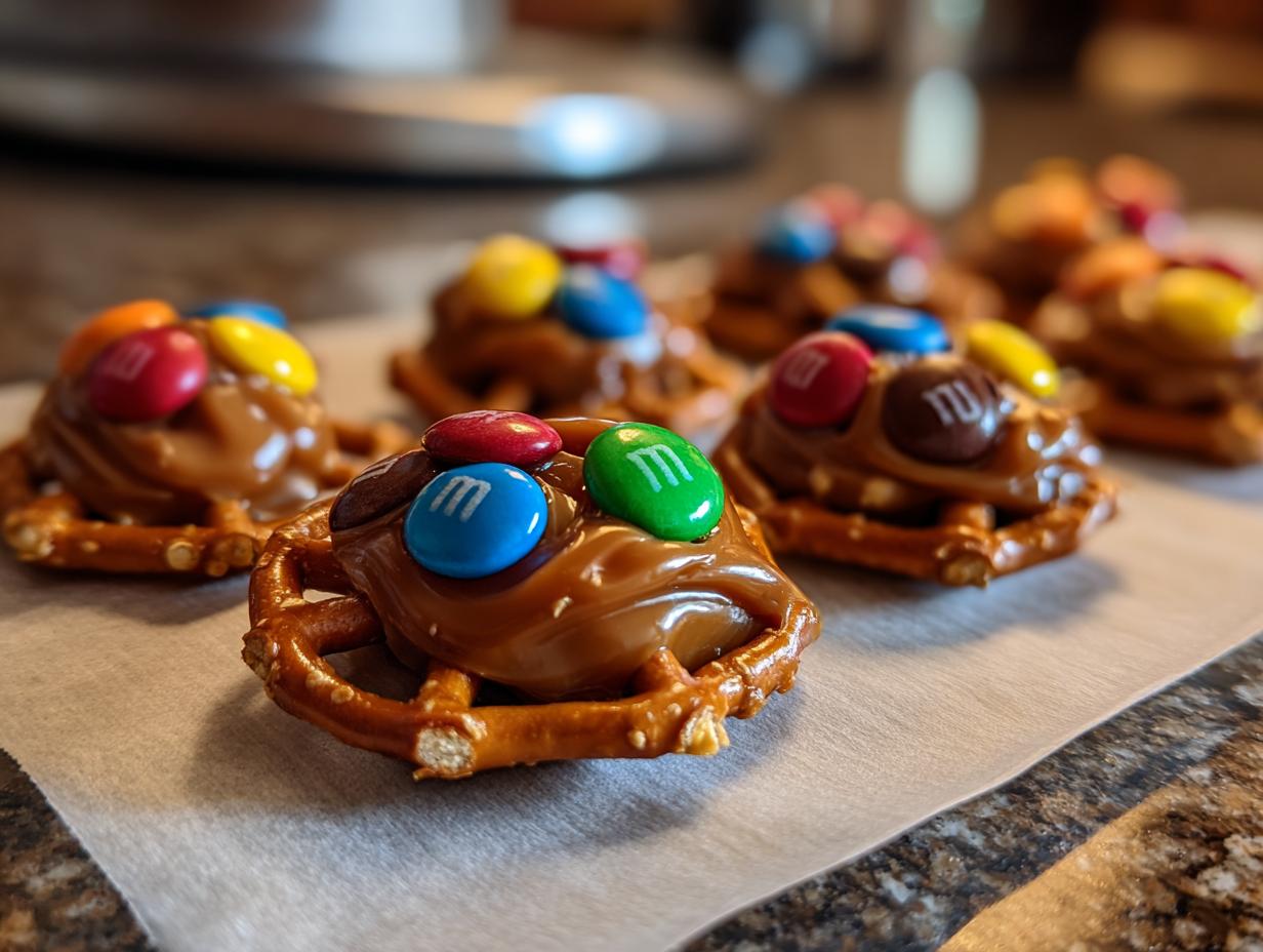 Close-up of several 3-ingredient Christmas Pretzel Treats topped with caramel and colorful M&Ms.