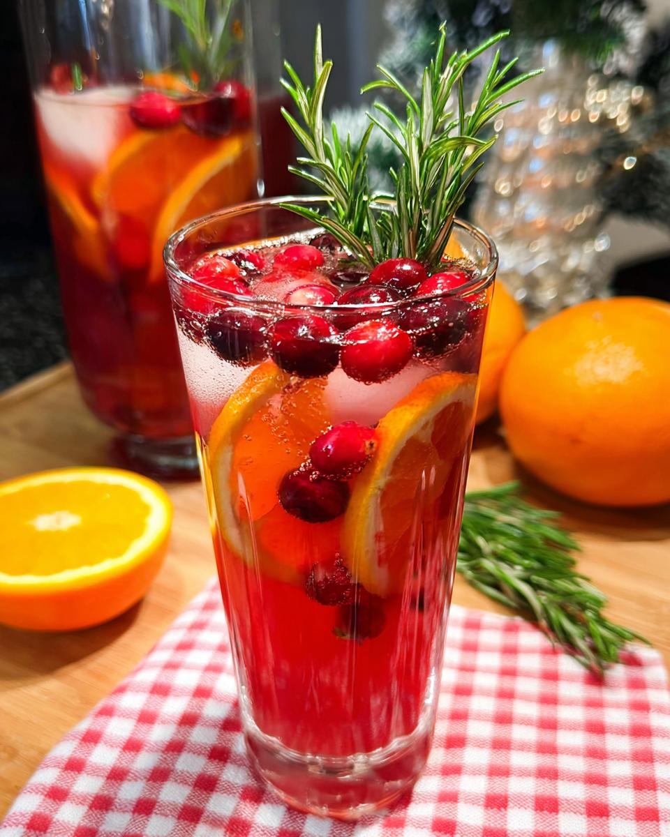A tall glass filled with a vibrant red Christmas Punch Mocktail, garnished with fresh cranberries, orange slices, and rosemary sprigs.