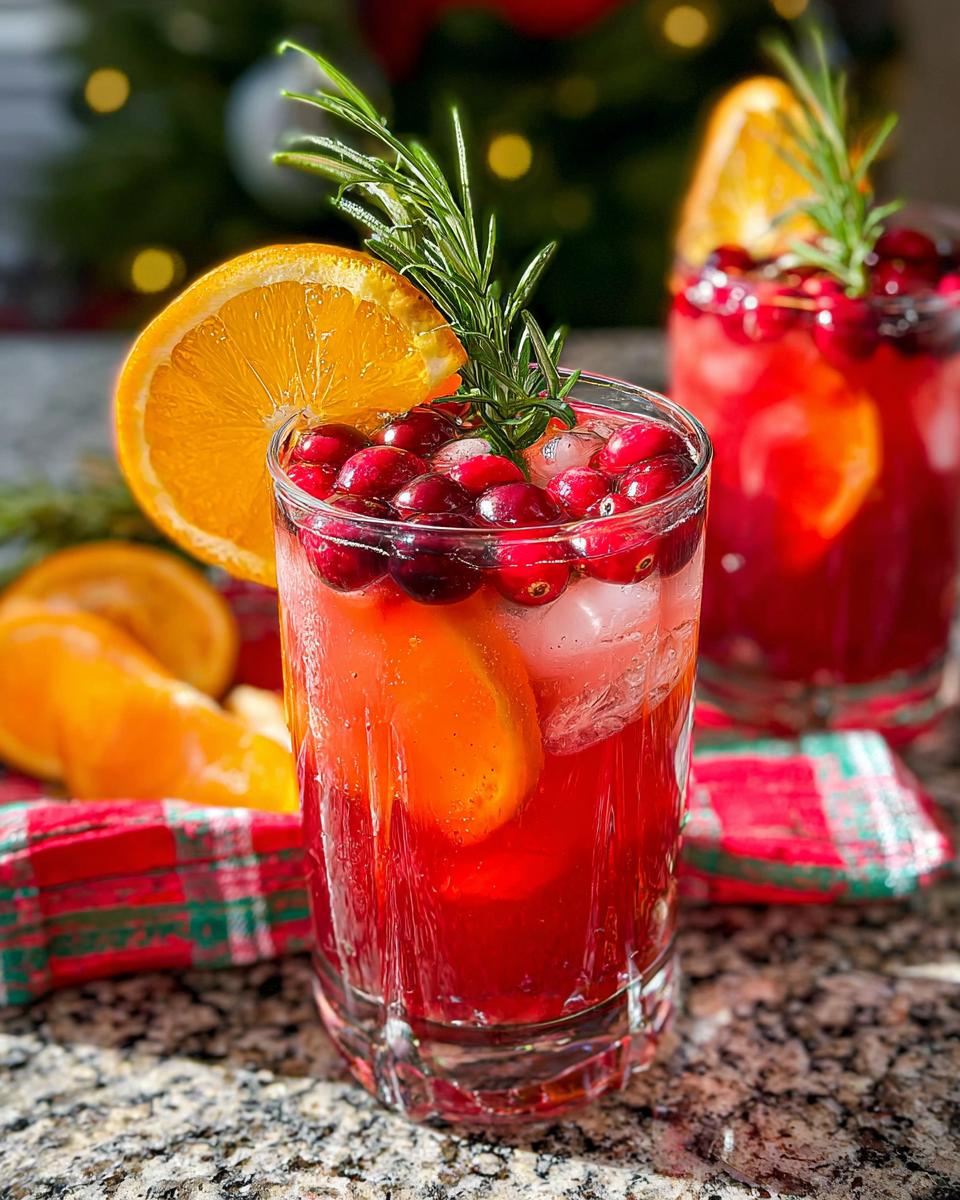 Close-up of a festive Christmas Punch Mocktail garnished with fresh cranberries, an orange slice, and rosemary.