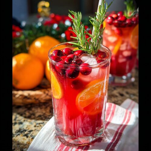 A tall glass of bright red Christmas Punch Mocktail filled with ice, cranberries, orange slices, and rosemary sprigs.