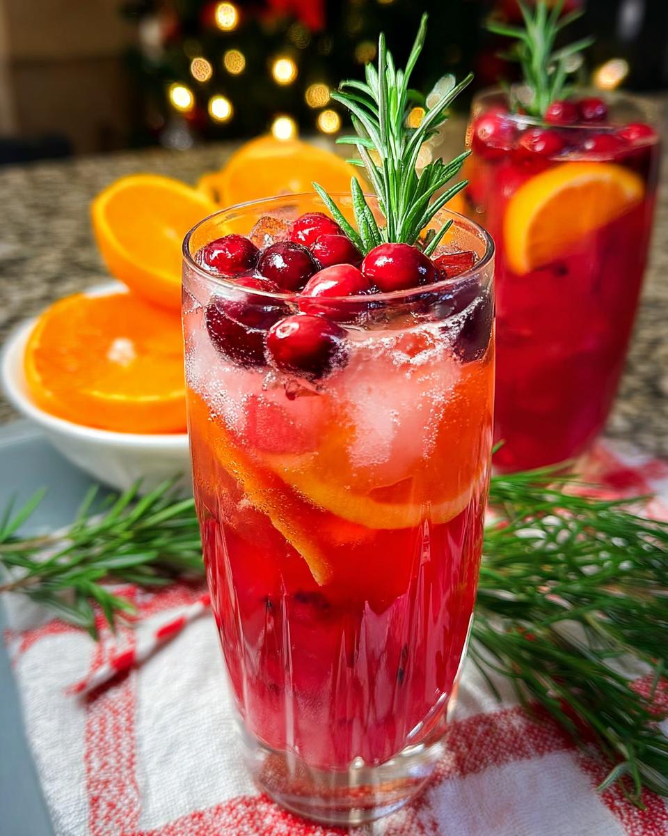 Close-up of a tall glass filled with a vibrant red Christmas Punch Mocktail, garnished with fresh cranberries and rosemary.