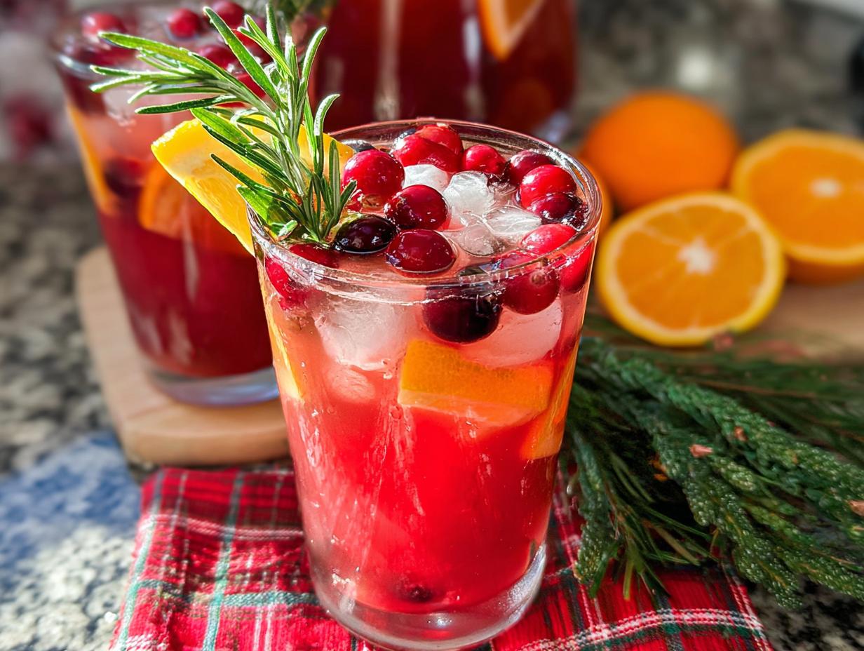 Close-up of a vibrant Christmas Punch Mocktail garnished with ice, cranberries, orange slice, and rosemary sprig.