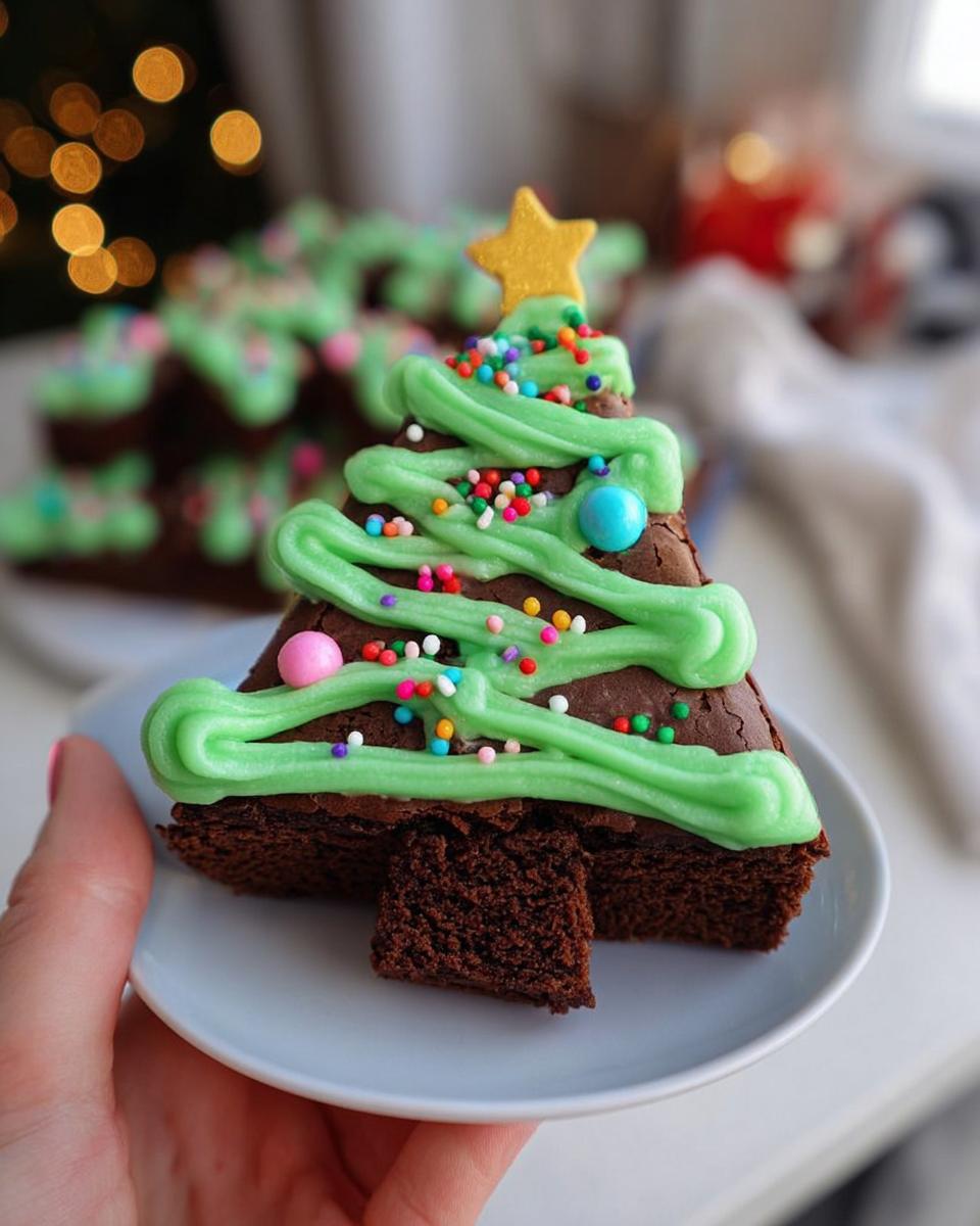 A festive Christmas Tree Brownie, cut into a triangle and decorated with green icing, sprinkles, and a star.