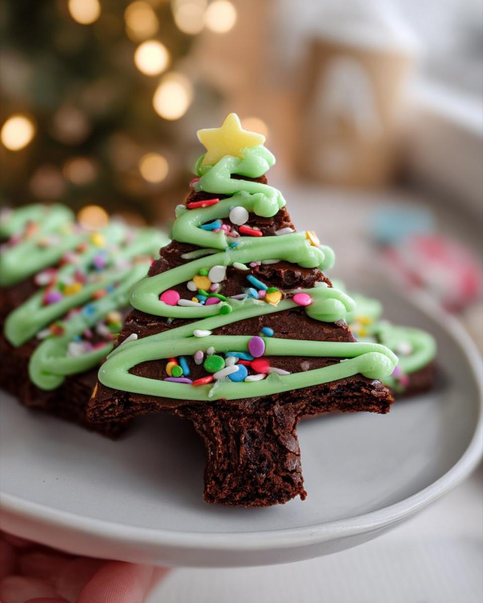 Close-up of a Christmas Tree Brownie decorated with green icing and colorful sprinkles, topped with a yellow star.