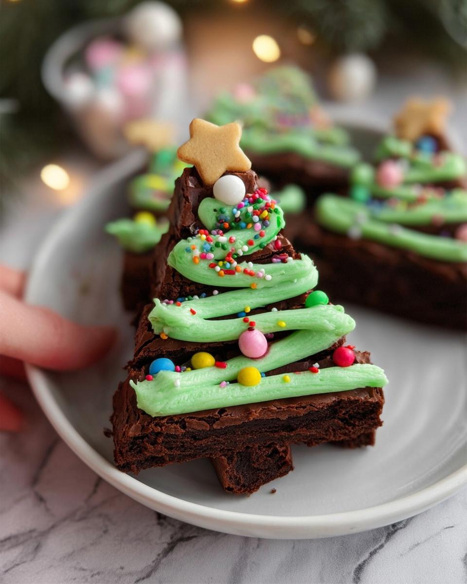 Close-up of a Christmas Tree Brownie topped with green frosting, colorful sprinkles, and a star cookie.