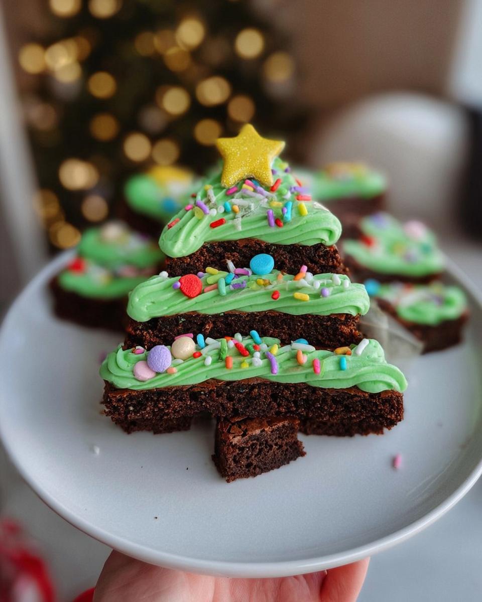 A stack of Christmas Tree Brownies, decorated with green frosting, colorful sprinkles, and a yellow star.