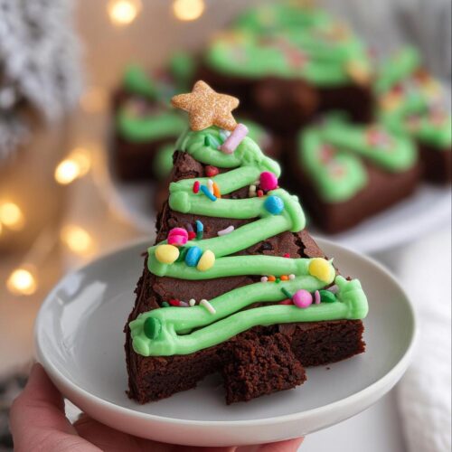 A triangular Christmas Tree Brownie decorated with green icing, colorful sprinkles, and a star on top, served on a white plate.