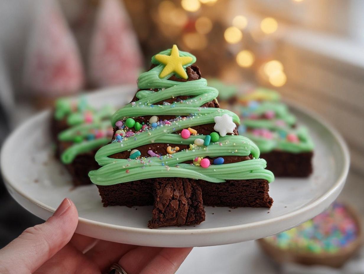 A festive Christmas Tree Brownie decorated with green icing, sprinkles, and a yellow star on top.
