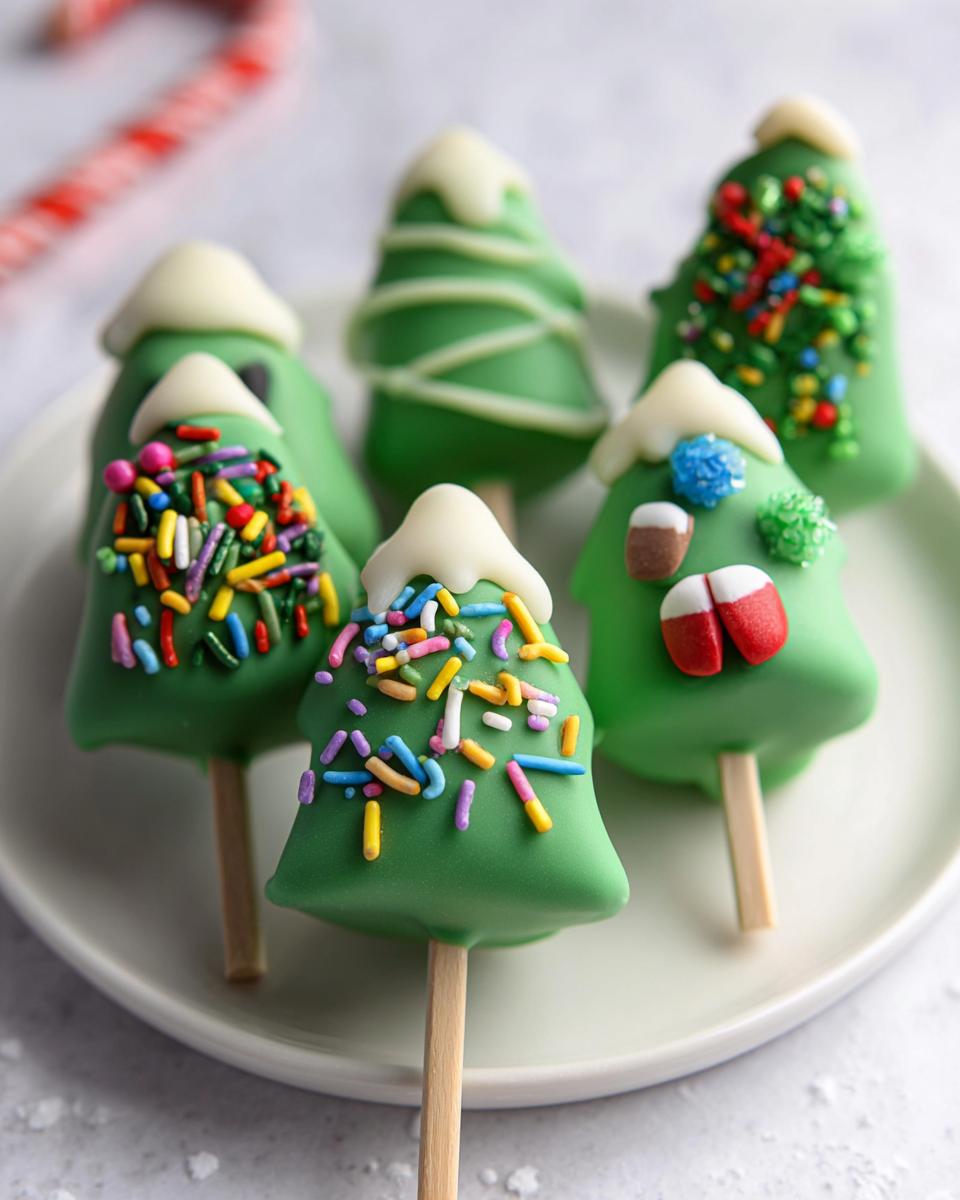 A plate of decorated green Christmas Tree Cake Pops with white frosting tops and colorful sprinkles.