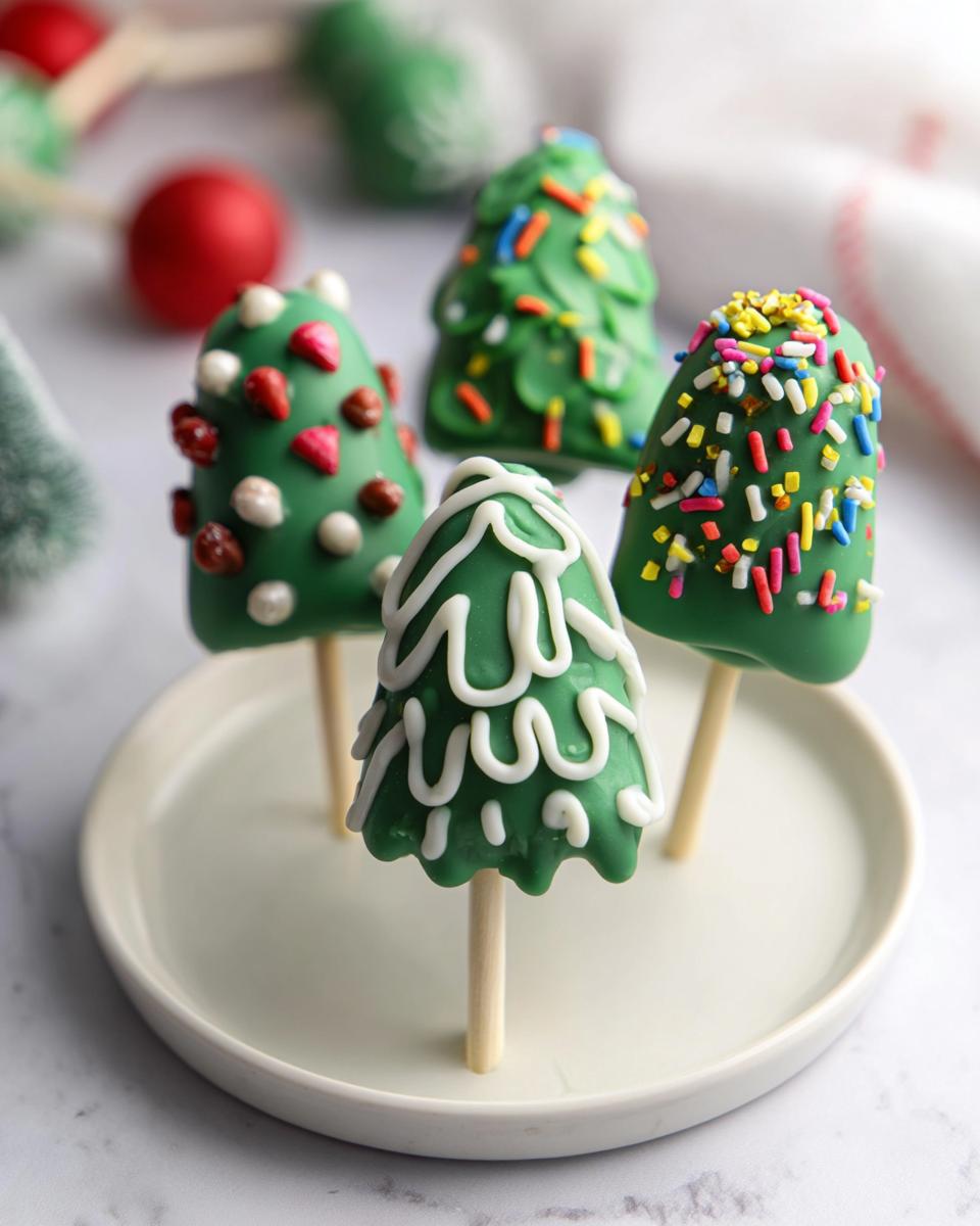 Four festive Christmas Tree Cake Pops decorated with green frosting, sprinkles, and white icing.