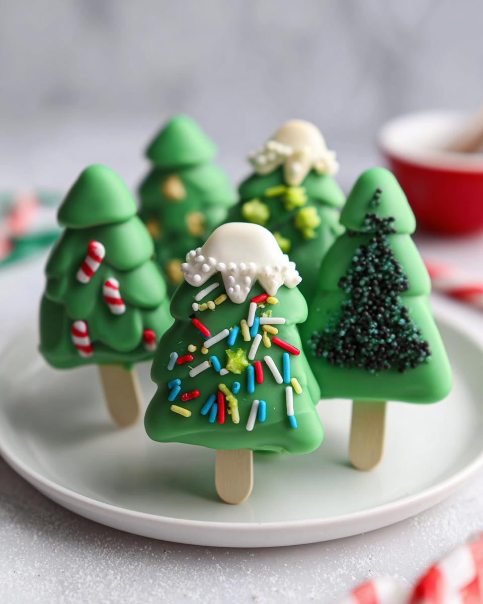 A plate of festive Christmas Tree Cake Pops decorated with green frosting and colorful sprinkles.