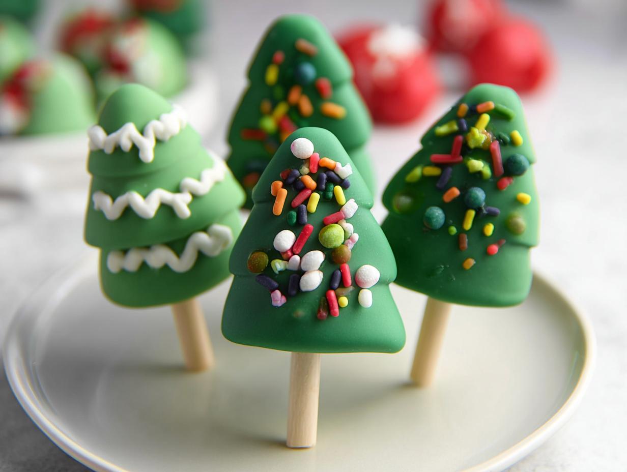 Close-up of festive Christmas Tree Cake Pops decorated with green frosting and colorful sprinkles, on a white plate.