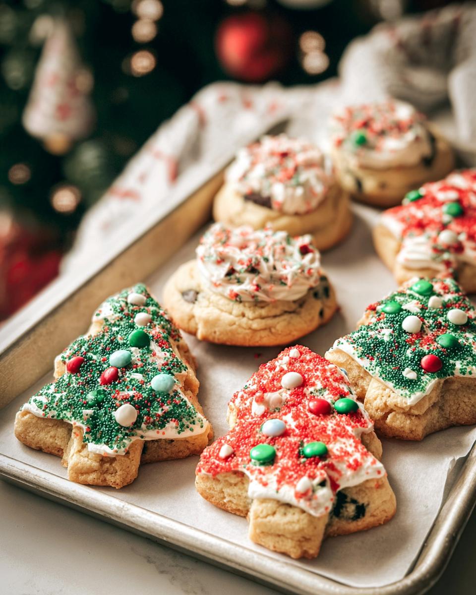 A baking tray filled with decorated Christmas Tree Cookies, some with green and red sprinkles, others with white frosting and candy.