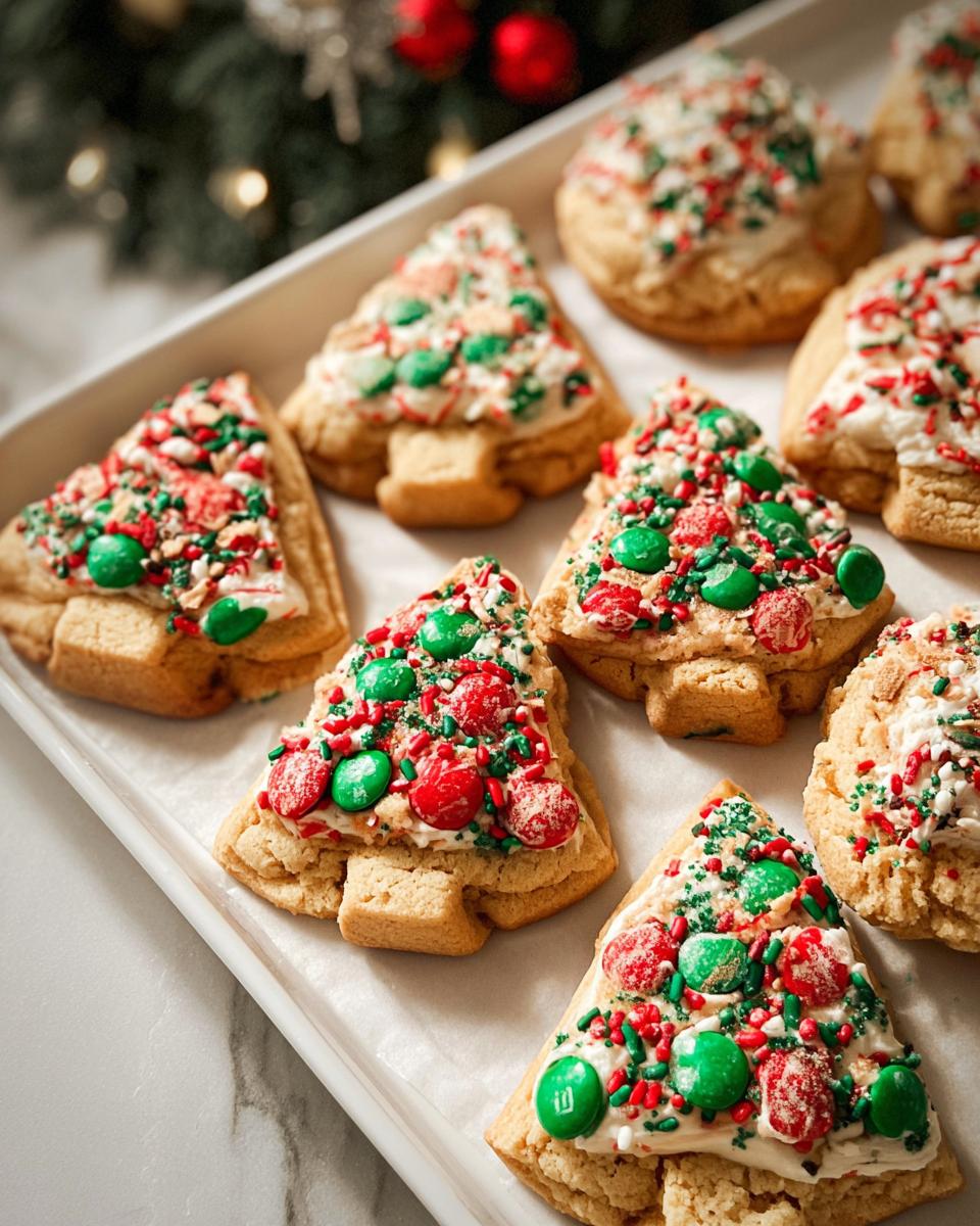 Close-up of Christmas Tree Cookies on a white tray, decorated with white frosting, red and green M&Ms, and festive sprinkles.
