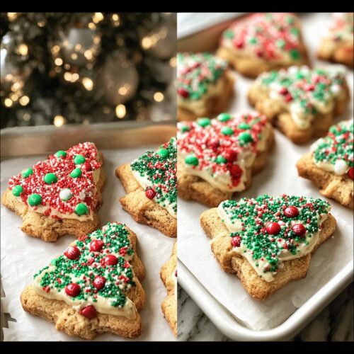 A festive tray filled with Christmas Tree Cookies decorated with white icing, red and green sprinkles, and red candies.