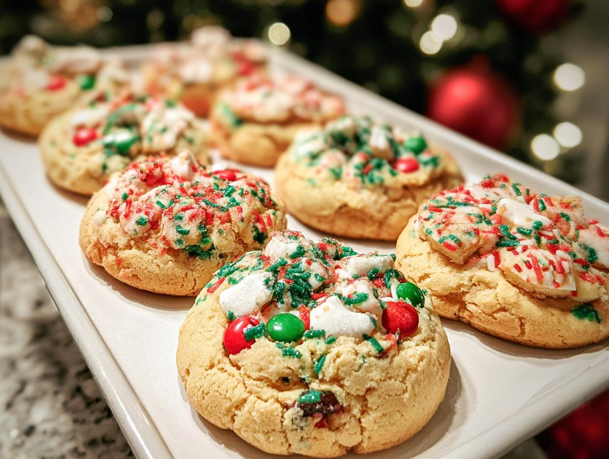 A white tray filled with festive Christmas Tree Cookies, decorated with red and green sprinkles and mini M&Ms.