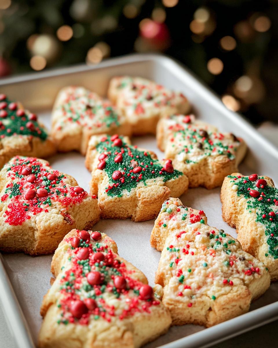 A close-up view of Christmas Tree Cookies on a tray, decorated with red and green sprinkles.