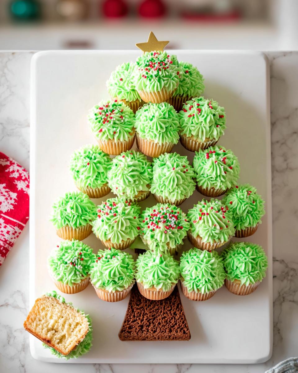 A festive Christmas Tree Cupcake Platter made with green frosted cupcakes and a star on top.