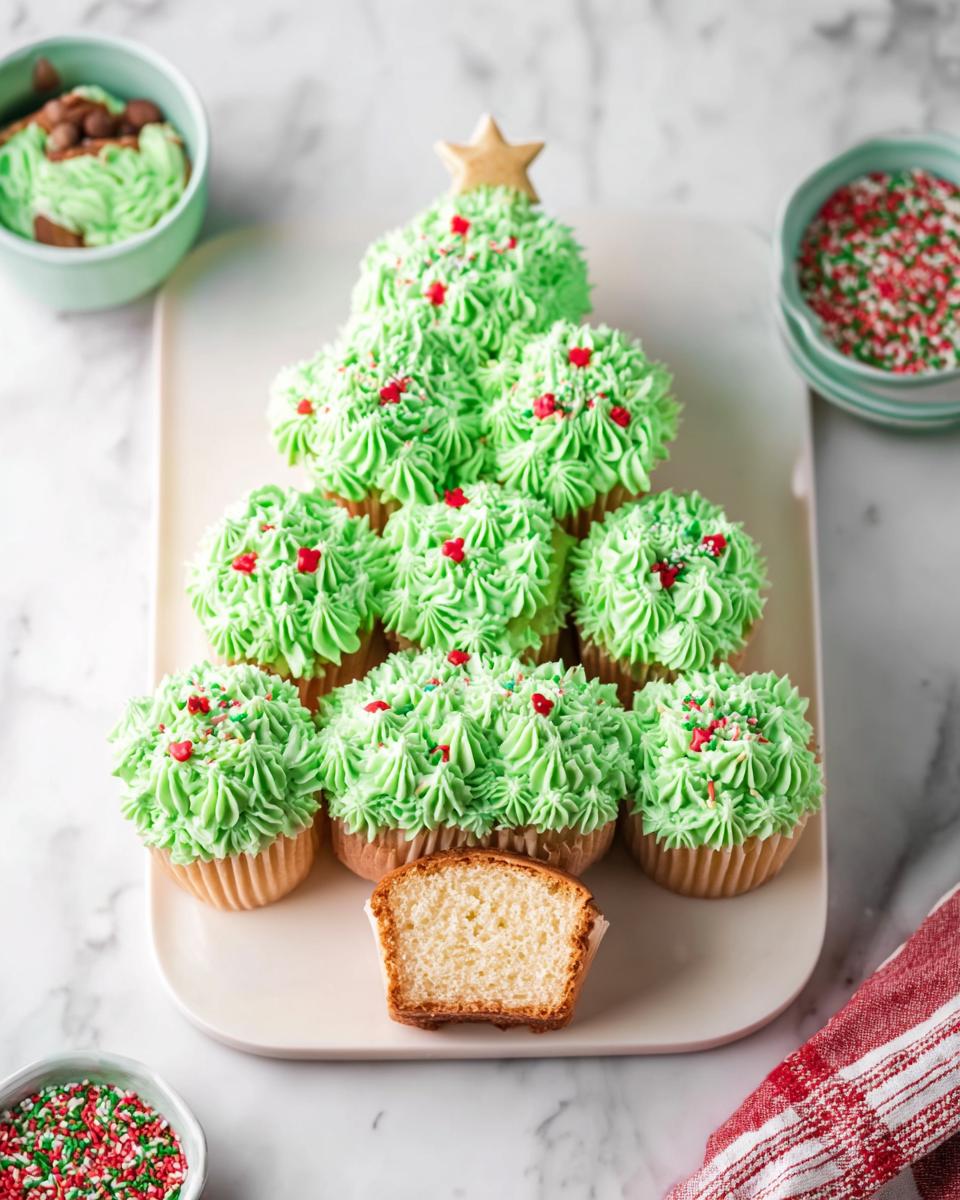 A festive Christmas Tree Cupcake Platter decorated with green frosting and red sprinkles, topped with a star.