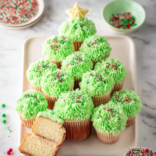A festive Christmas Tree Cupcake Platter made with green frosted cupcakes and a star on top.
