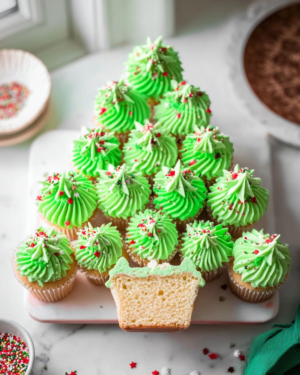 A Christmas Tree Cupcake Platter made of green frosted cupcakes, with one cupcake cut in half to show the inside.