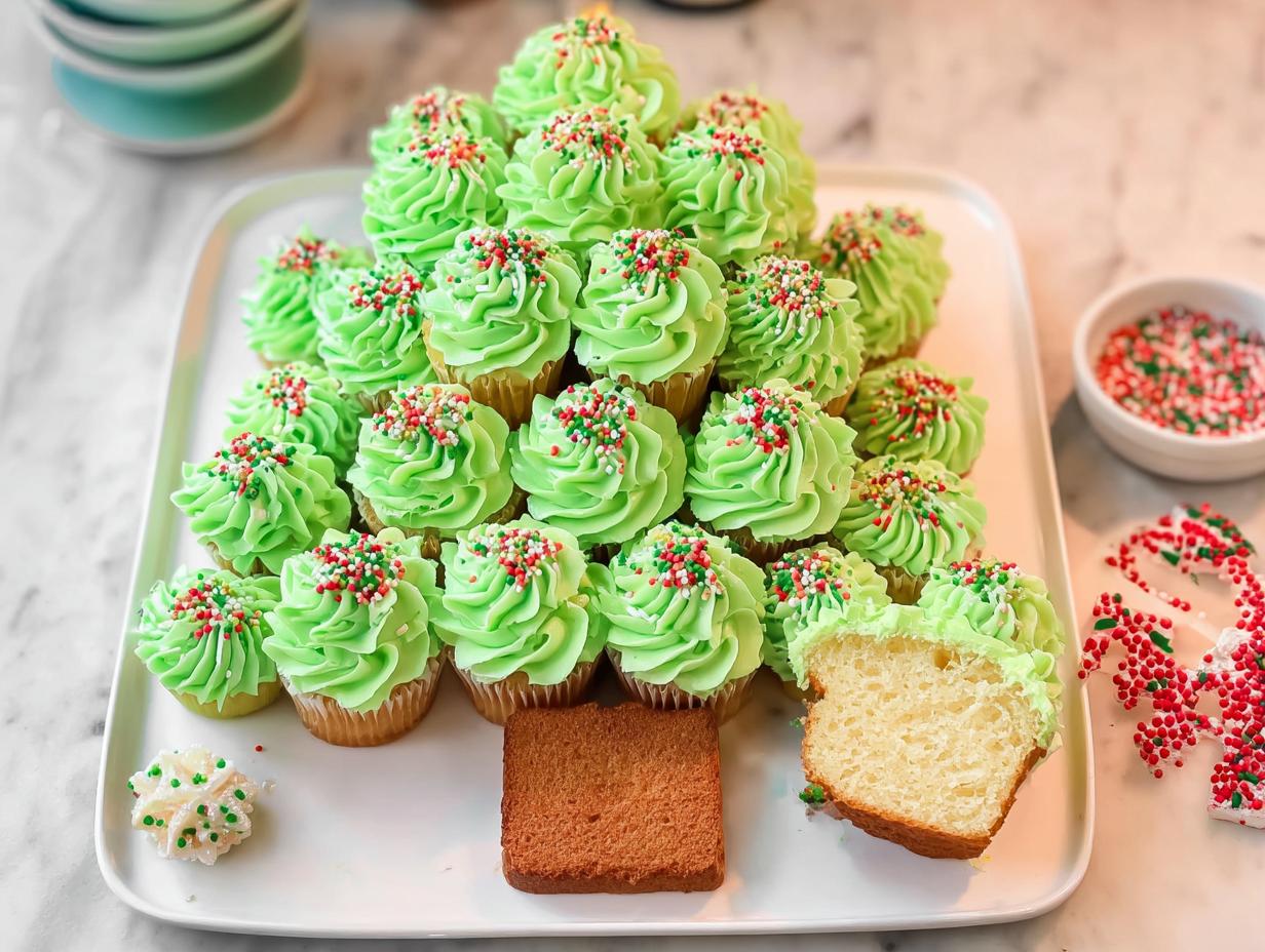 A Christmas Tree Cupcake Platter made with green frosted cupcakes and festive sprinkles, with one cupcake cut open.