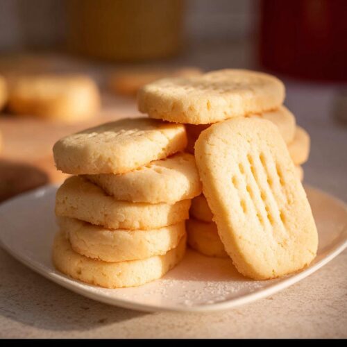 A close-up of a stack of golden Classic Shortbread Cookies on a white plate, with a few cookies blurred in the background.