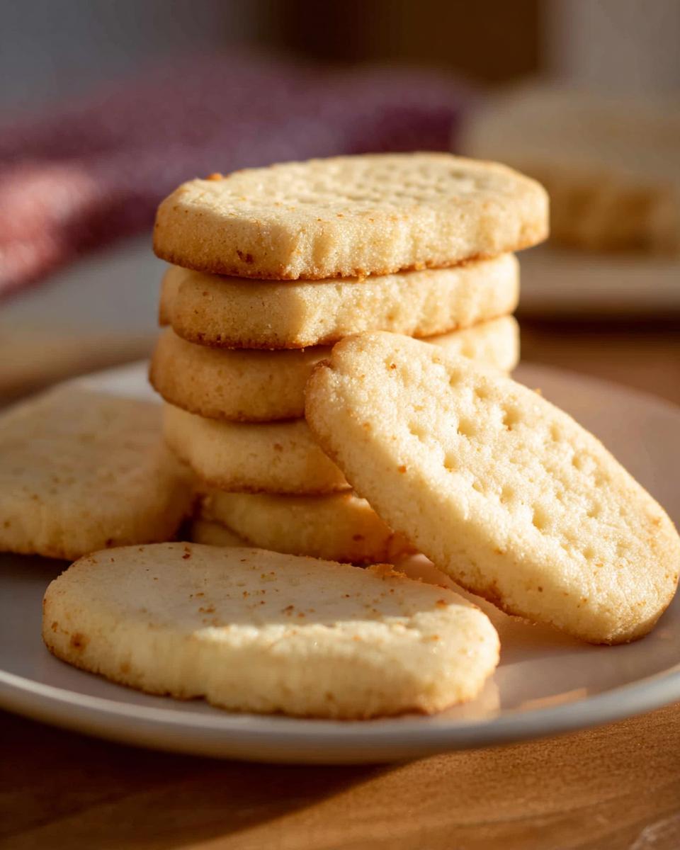 A stack of golden-brown Classic Shortbread Cookies with a few scattered around on a white plate.