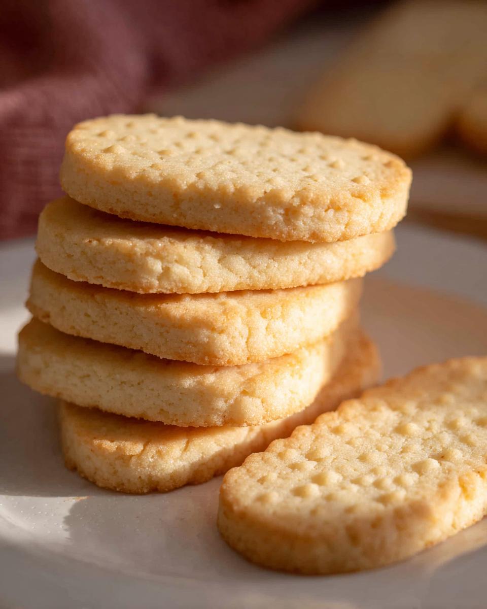 A close-up of a stack of golden-brown Classic Shortbread Cookies on a white plate.