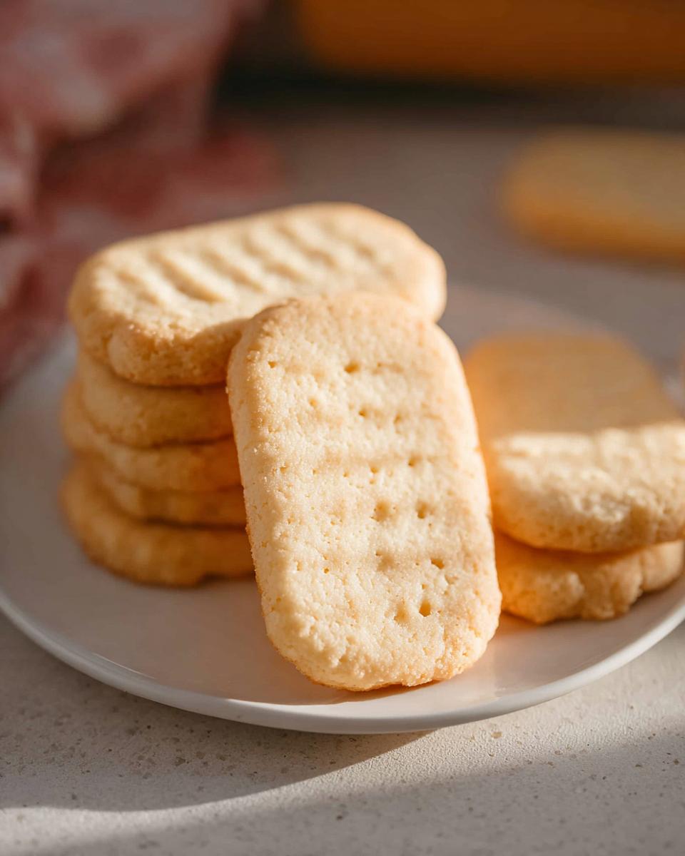A stack of golden brown Classic Shortbread Cookies on a white plate, with one cookie in the foreground showing its texture.