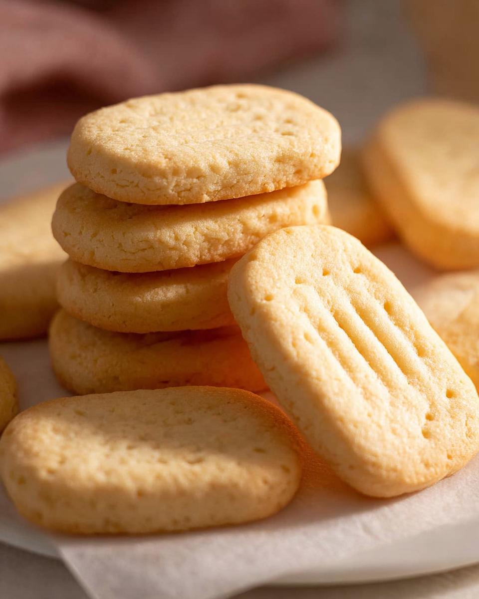 A close-up of a stack of golden brown Classic Shortbread Cookies, with some scattered around.