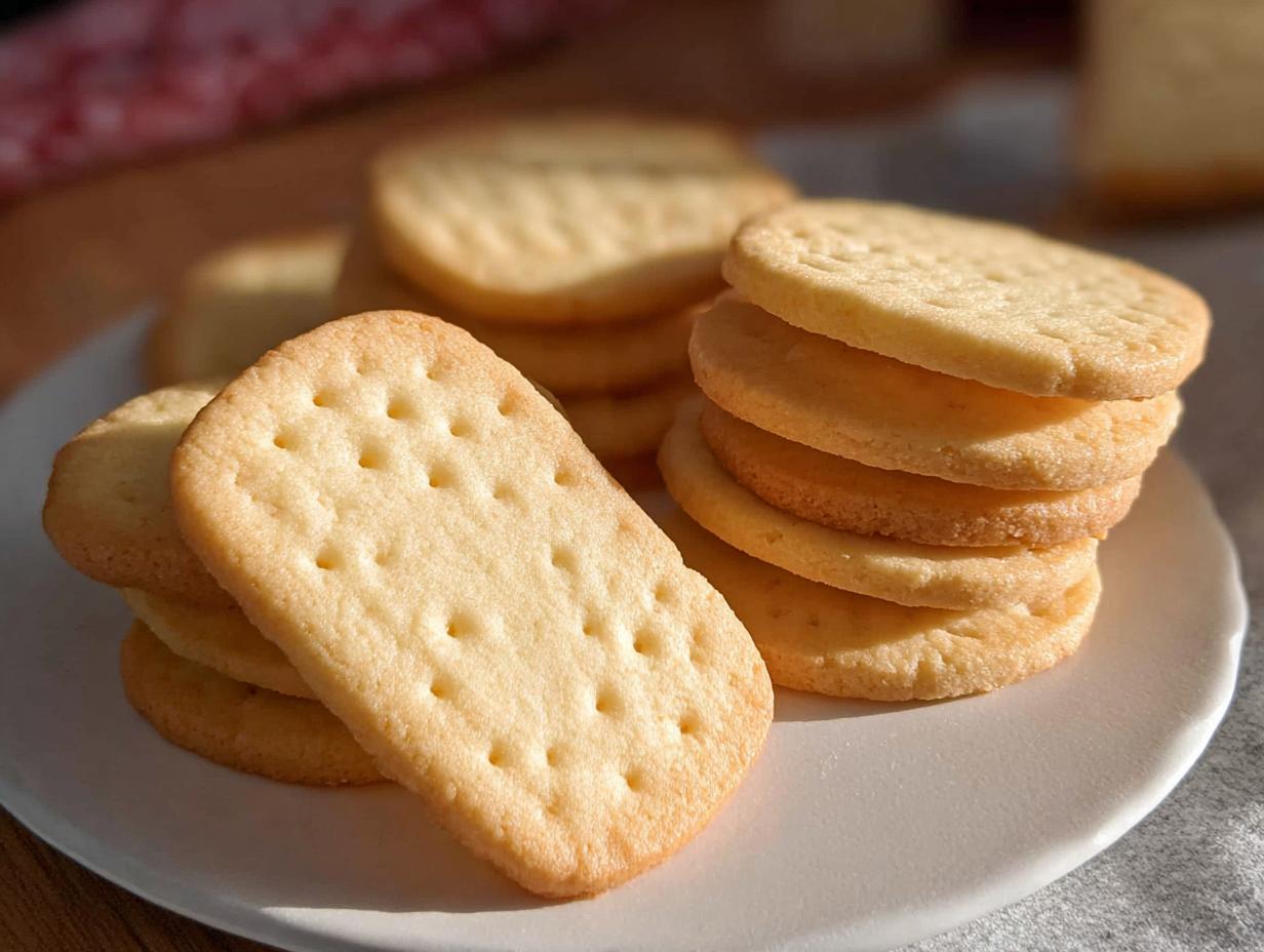 A close-up of a stack of golden-brown Classic Shortbread Cookies on a white plate.