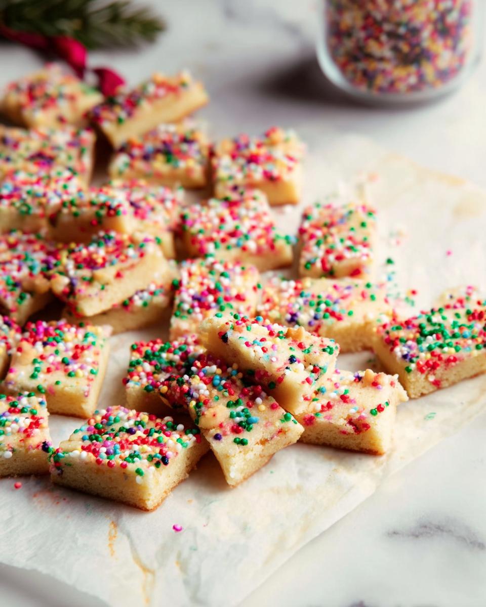 A pile of freshly baked Confetti Holiday Shortbread cookies, topped with colorful sprinkles.