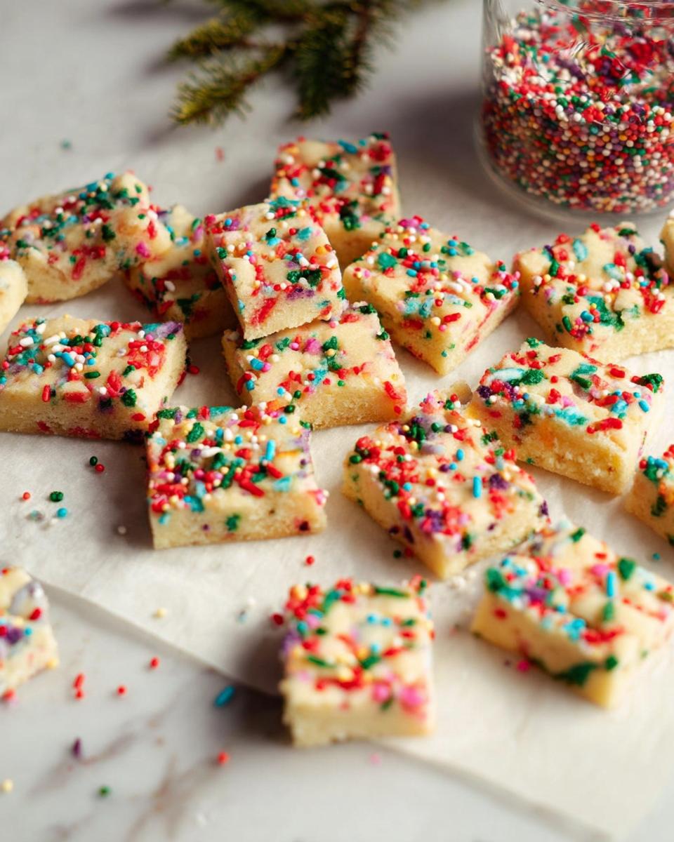 A festive arrangement of Confetti Holiday Shortbread cookies, sprinkled with colorful jimmies and nonpareils.