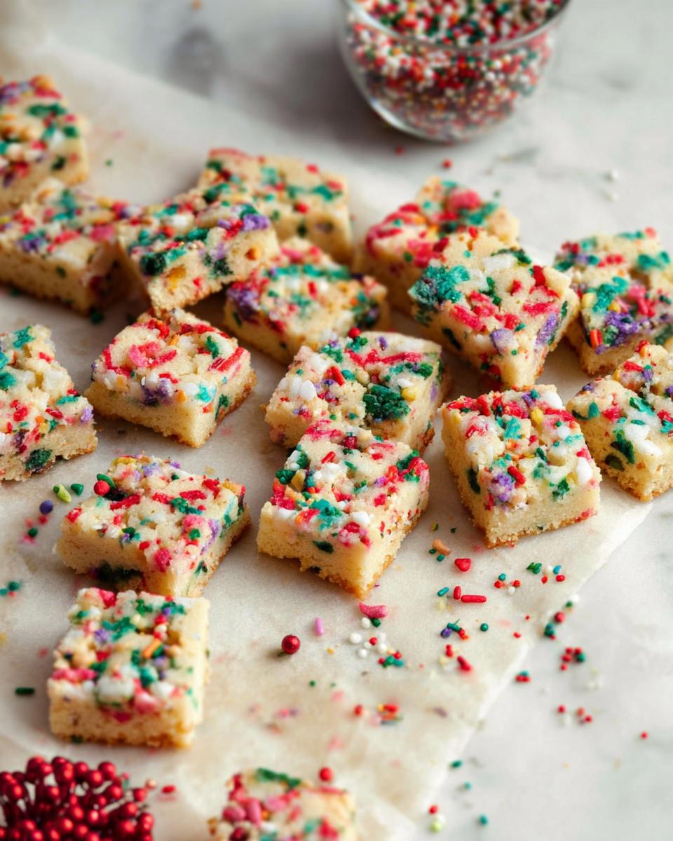 Close-up of festive Confetti Holiday Shortbread slices scattered on parchment paper, with a bowl of sprinkles in the background.