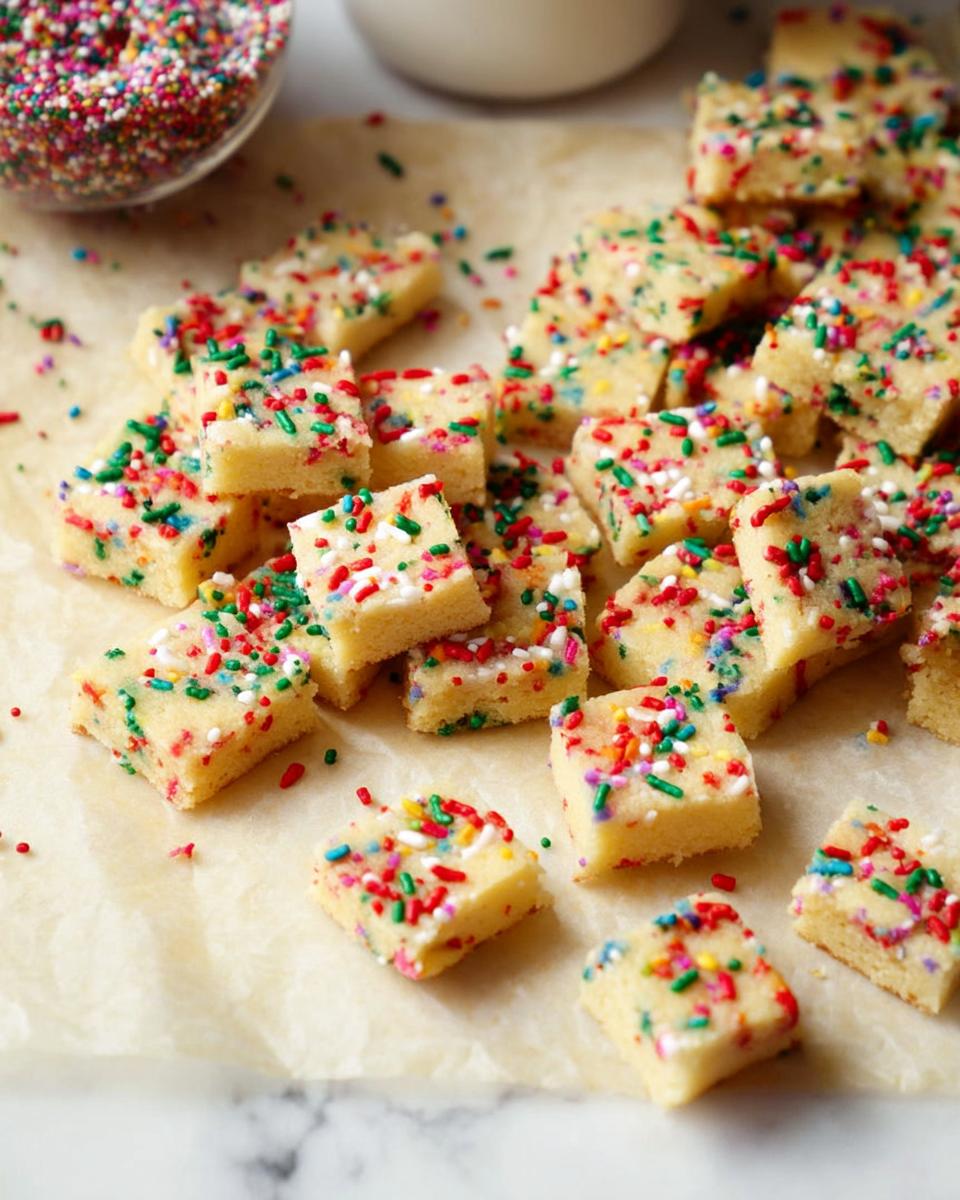 A pile of square Confetti Holiday Shortbread pieces topped with colorful sprinkles.