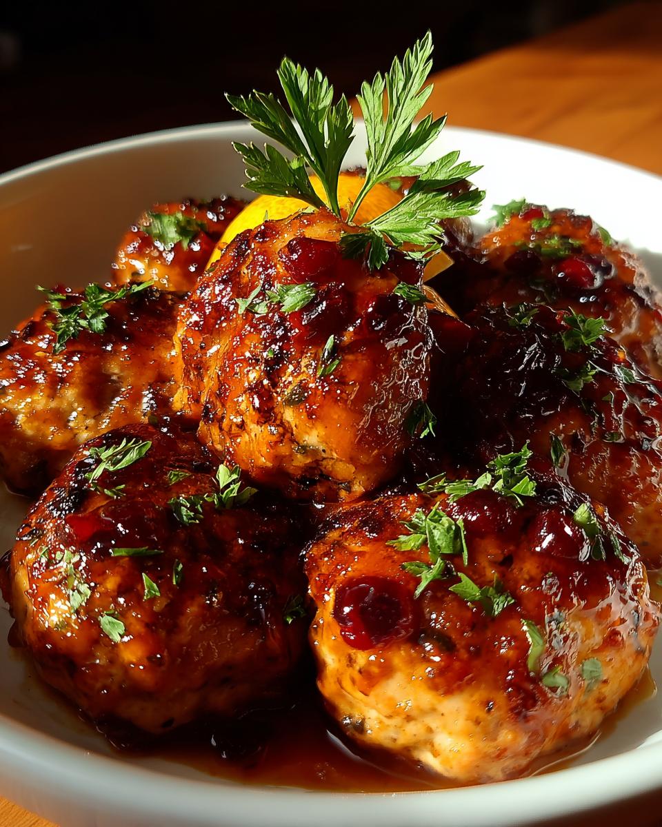 Close-up of juicy Cranberry Orange Chicken Meatballs glazed with sauce and garnished with parsley and orange zest.