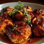 A close-up of several juicy Cranberry Orange Chicken Meatballs coated in a glossy sauce, garnished with orange zest and parsley.