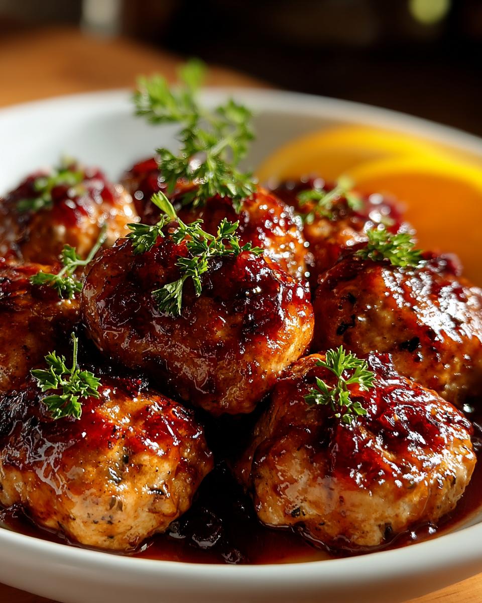 Close-up of juicy Cranberry Orange Chicken Meatballs glazed with sauce and garnished with parsley.