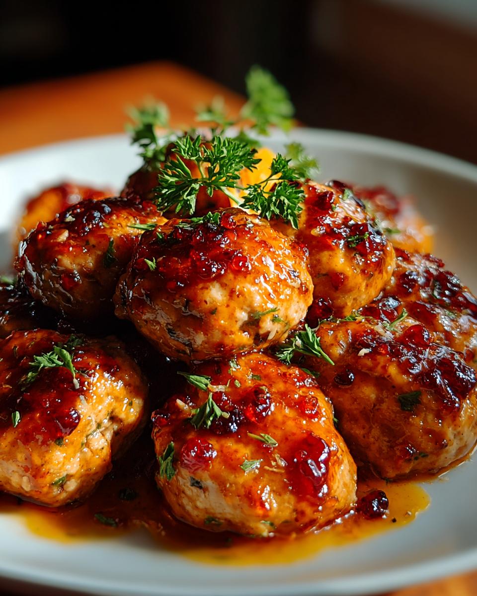 A close-up of juicy Cranberry Orange Chicken Meatballs glazed with a glossy sauce and garnished with fresh parsley.