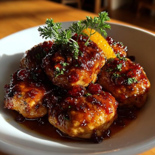 A close-up of several Cranberry Orange Chicken Meatballs glazed in a rich sauce, garnished with parsley and orange slice.