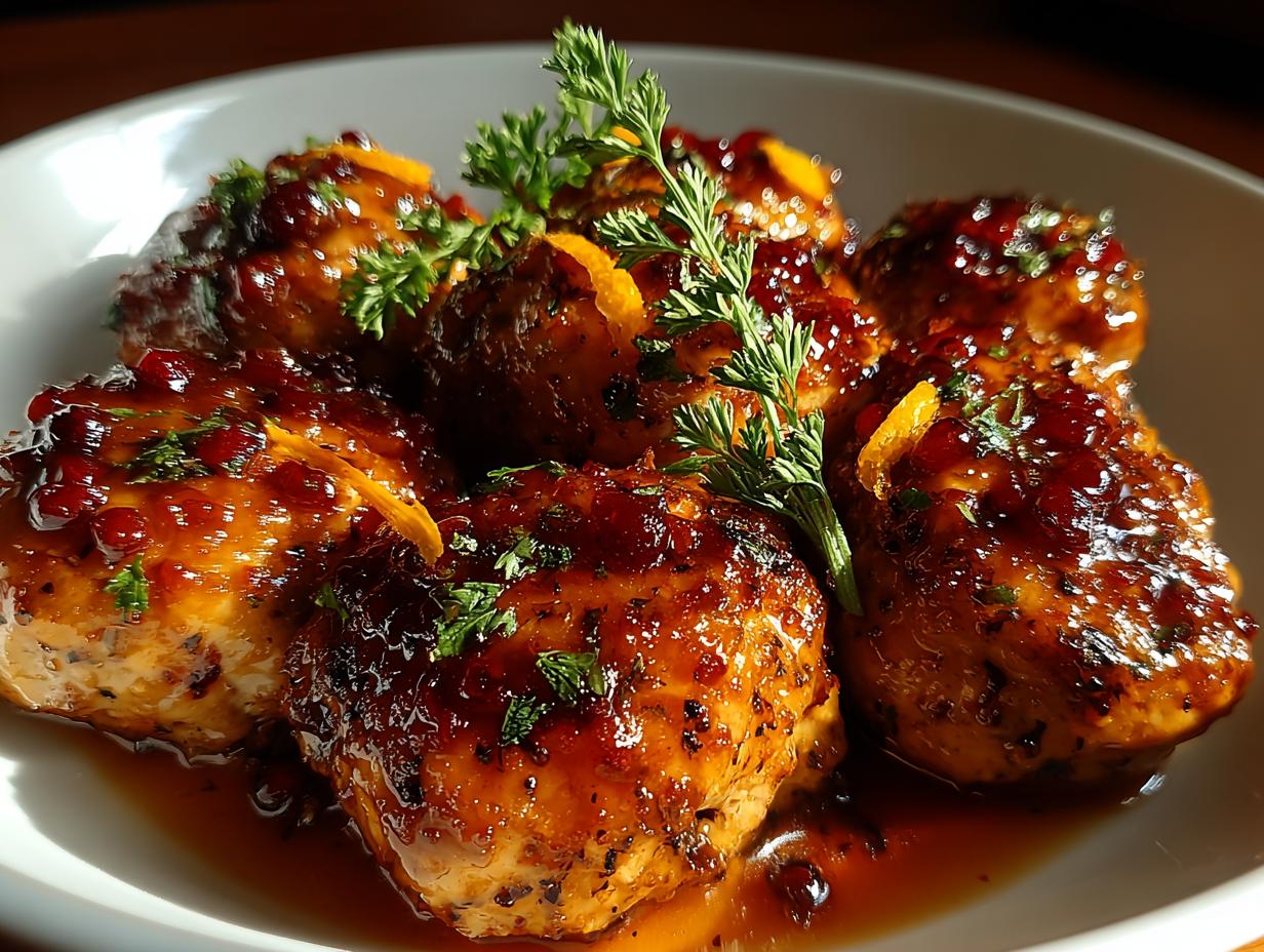 A close-up of several juicy Cranberry Orange Chicken Meatballs coated in a glossy sauce, garnished with orange zest and parsley.