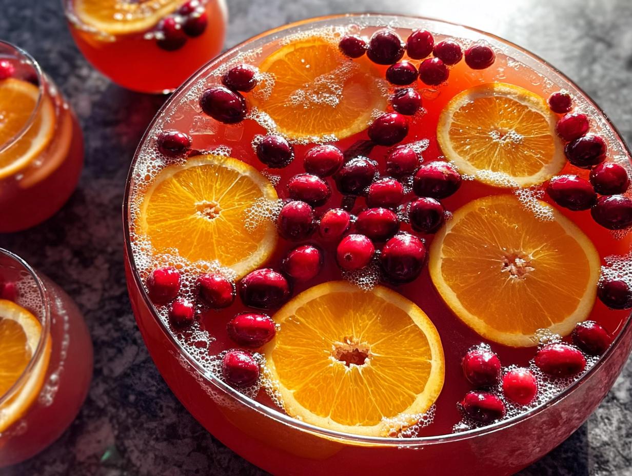 Close-up of a large bowl of vibrant Cranberry Orange Christmas Punch garnished with floating orange slices and fresh cranberries.