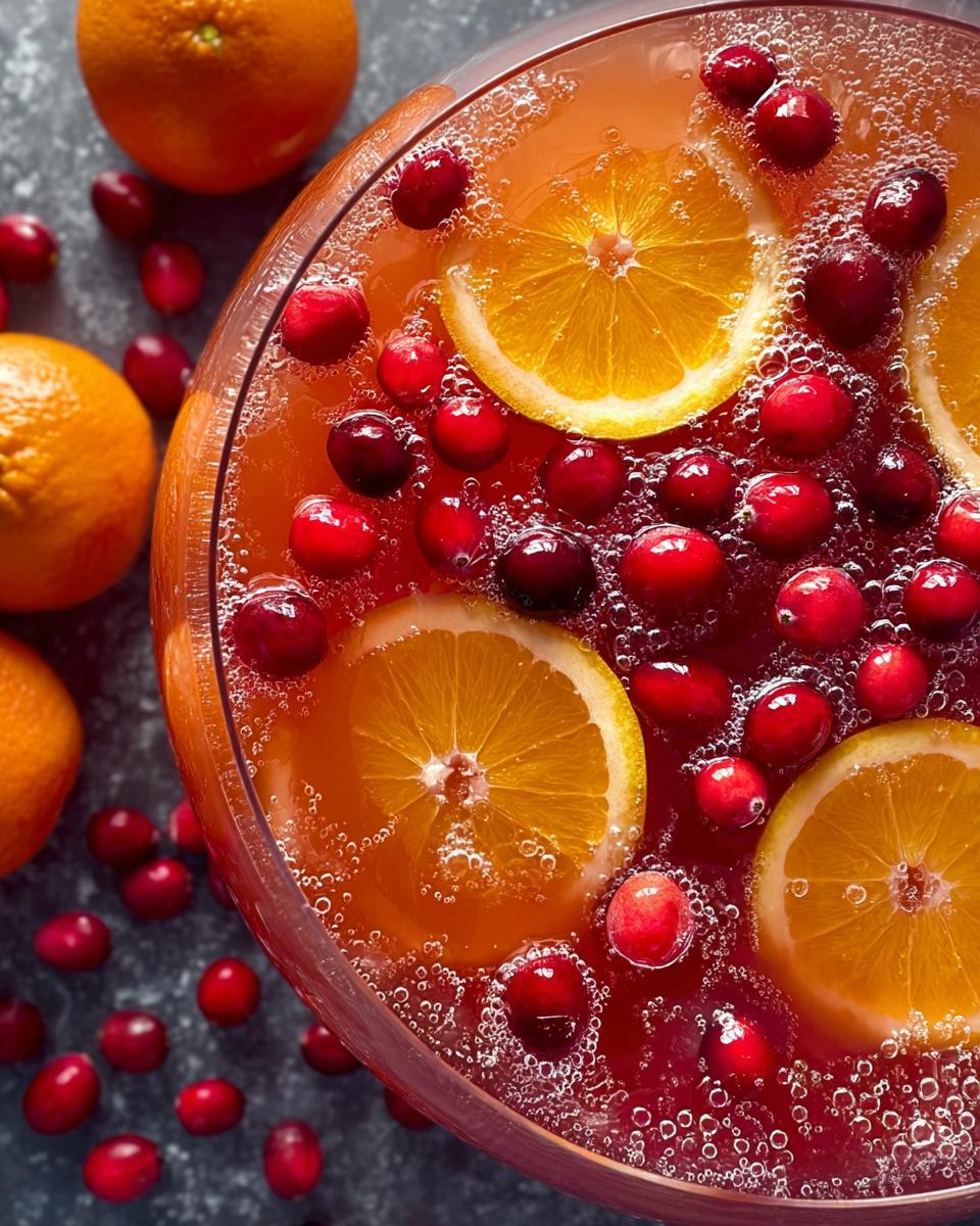 Overhead view of bubbly Cranberry Orange Christmas Punch garnished with fresh cranberries and orange slices.