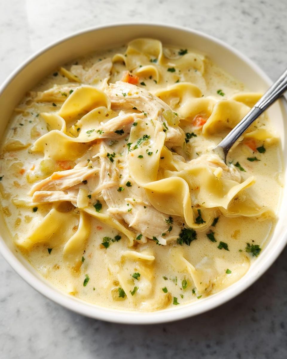 Close-up of a white bowl filled with rich Creamy Chicken Noodle Soup, featuring shredded chicken and wide egg noodles.