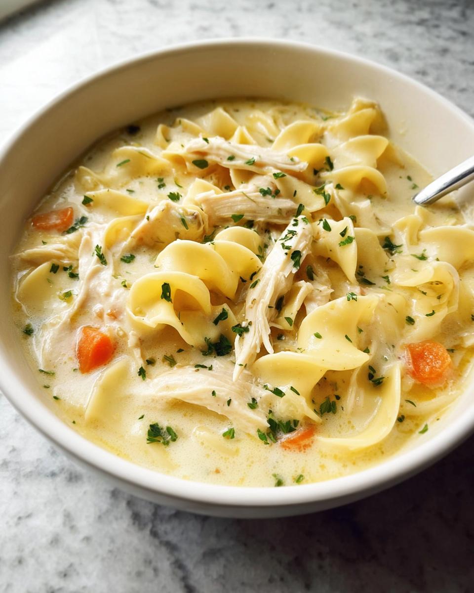 Close-up of a bowl of rich Creamy Chicken Noodle Soup featuring shredded chicken, wide egg noodles, and carrots, topped with parsley.